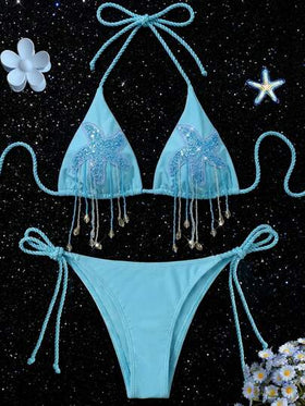 Swim Vcay مجموعة بكيني كروشيه مزينة بالخرز والشراشيب على شكل نجمة البحر، أنيقة وبسيطة، ملابس سباحة لحفلات الشاطئ والعطلات الجديدة