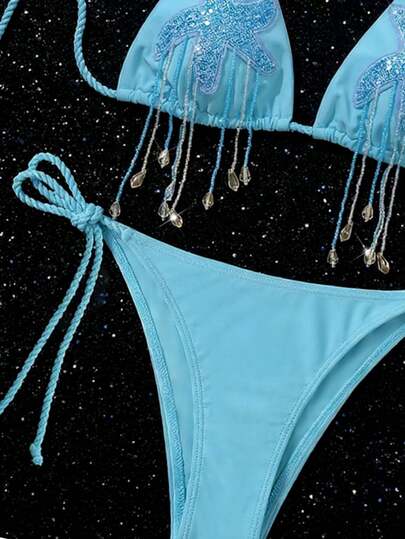 Swim Vcay مجموعة بكيني كروشيه مزينة بالخرز والشراشيب على شكل نجمة البحر، أنيقة وبسيطة، ملابس سباحة لحفلات الشاطئ والعطلات الجديدة