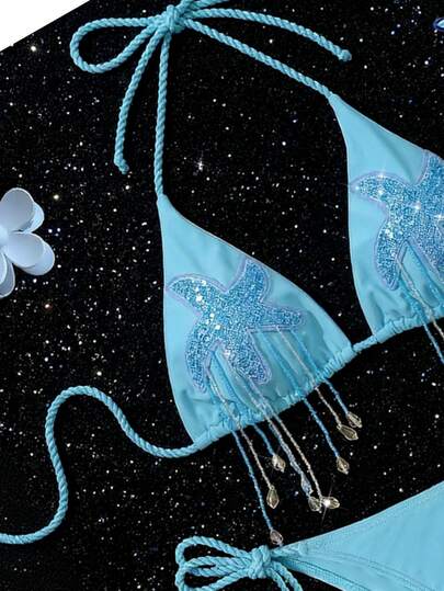 Swim Vcay مجموعة بكيني كروشيه مزينة بالخرز والشراشيب على شكل نجمة البحر، أنيقة وبسيطة، ملابس سباحة لحفلات الشاطئ والعطلات الجديدة