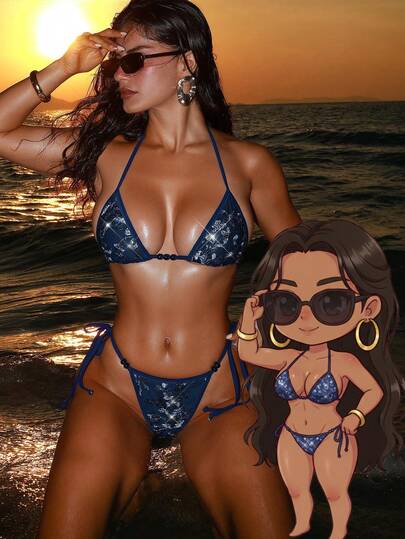 Swim SXY مجموعة بكيني مكونة من قطعتين مع سروال داخلي، مزينة بالترتر والتطريز والدانتيل، بتصميم عصري جريء مناسب لحفلات الشاطئ للنساء
