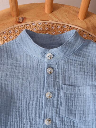 طقم بنطلون وقميص بسيط لطفل صبي: قميص بياقة عالية أحادي الصدر (مع جيب) + بنطلون قطني مطوي منسق، مريح وقابل للتنفس للارتداء الداخلي والخارجي في الربيع/الخريف، قطعتان