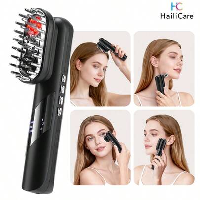 Hailicare جهاز تجميل متعدد الوظائف 4 في 1: فرشاة مساج فروة الرأس الكهربائية، مشط العناية بالشعر بالضوء الأحمر، أداة شد وتنشيط البشرة، أداة محمولة لتشكيل الوجه مع أسطوانة لتطبيق السيروم لتدليك الخط الأمامي للوجه والعين