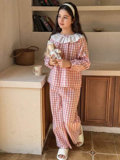 Dazy Kids طقم بيجامة ملابس علوية بكشكشة مربعات وبنطلون للفتيات المراهقات