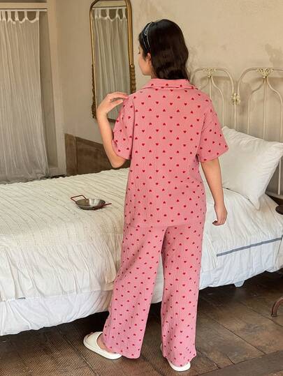 Dazy Kids طقم بيجامة صيفي للفتيات المراهقات مكون من ملابس علوية بأكمام قصيرة وطباعة قلوب وبنطلون