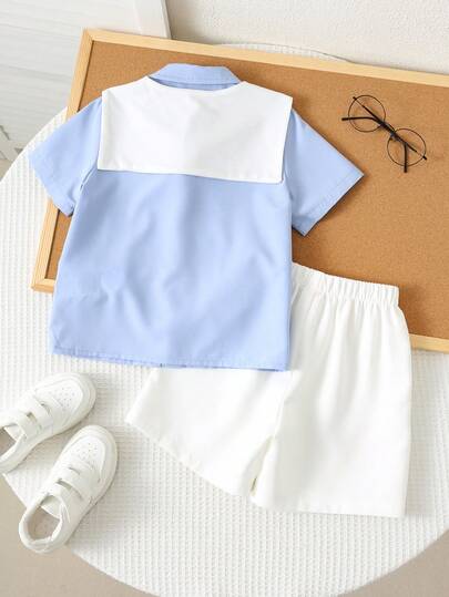 SHEIN 3 قطع ملابس للأطفال الصبيان للربيع/الصيف، قميص مخطط بأكمام قصيرة جذابة، شورت بخصر مطاطي، وشال بتصميم رسمي، مناسبة لحفلات عيد الميلاد، الحفلات المسائية، المناسبات، حفلات الزفاف، استقبال المولود الجديد، وعيد الميلاد الأول