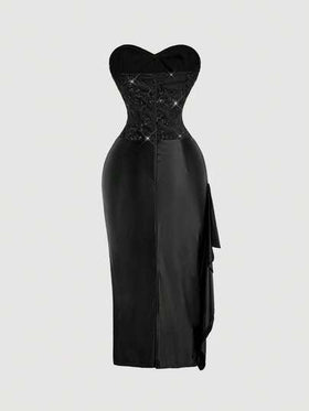 SHEIN MOD فستان متوسط الطول مطرز بالخرز والكشكشة للنساء، مناسب لعيد الحب، موسم الزفاف، المواعيد، الحفلات