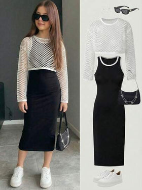 SHEIN ChillGRL معطف قصير مفرغ عصري للفتيات المراهقات، مقترن مع فستان محبوك مناسب، ملائم وراحة للربيع والصيف والخريف، مناسب للارتداء اليومي والتنقل والأنشطة الخارجية والتجمعات وجلسات التصوير