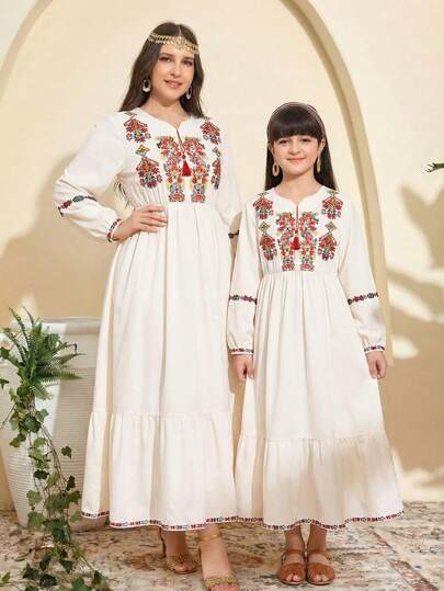 رمضان فستان طويل الأكمام بياقة على شكل حرف V للنساء والفتيات، بطبعات عربية/شرق أوسطية، مناسب للحفلات والأوقات الحرة والتنقل