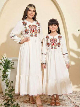 رمضان فستان طويل الأكمام بياقة على شكل حرف V للنساء والفتيات، بطبعات عربية/شرق أوسطية، مناسب للحفلات والأوقات الحرة والتنقل