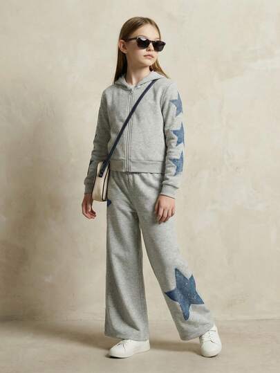SHEIN Casuvi Kids طقم هودي بنقشة نجوم ذو لون أحادي للبنات، خريف/شتاء