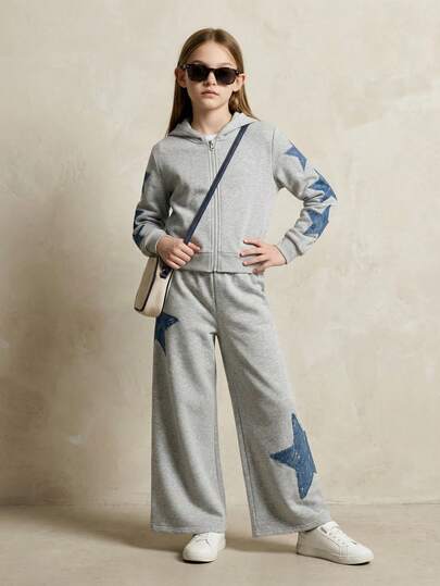 SHEIN Casuvi Kids طقم هودي بنقشة نجوم ذو لون أحادي للبنات، خريف/شتاء