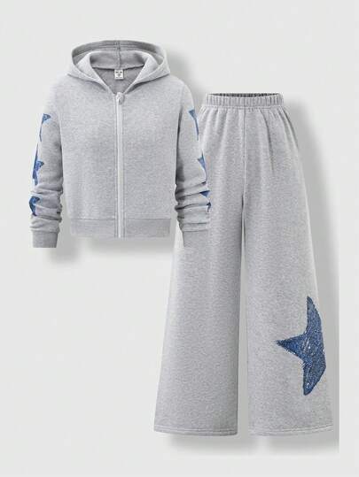 SHEIN Casuvi Kids طقم هودي بنقشة نجوم ذو لون أحادي للبنات، خريف/شتاء