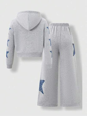 SHEIN Casuvi Kids طقم هودي بنقشة نجوم ذو لون أحادي للبنات، خريف/شتاء