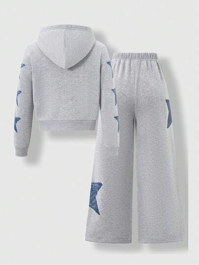 SHEIN Casuvi Kids طقم هودي بنقشة نجوم ذو لون أحادي للبنات، خريف/شتاء