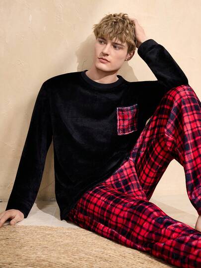 EverLounge بيجامة رجالية مكونة من ملابس علوية كم طويل مربعات وبنطلون من الفليس