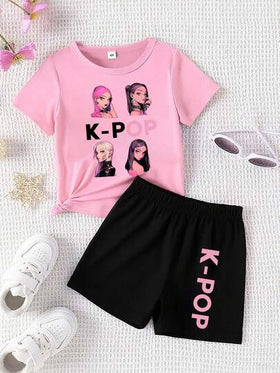 طقم تي شيرت كم قصير بطباعة K-Pop للفتيات الصغيرات
