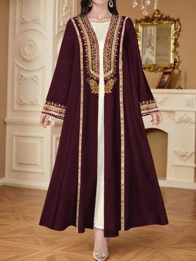 SHEIN Najma عبايات رمضان كارديجان طويل الأكمام مفتوح الأمام بطبعة رقمية زهرية للنساء، للربيع والخريف