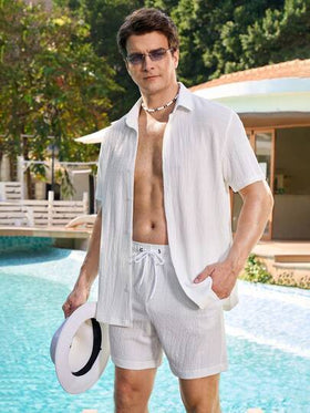Manfinity Swimmode بدلة شاطئ للرجال مكونة من ملابس علوية أكمام قصيرة لون سادة وشورت خصر رباط