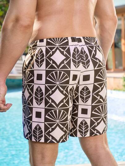 Manfinity Swimmode شورت كاجوال للرجال بخصر رباط مطبوع بالكامل للشاطئ