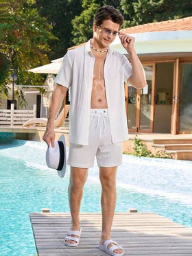 Manfinity Swimmode بدلة شاطئ للرجال مكونة من ملابس علوية أكمام قصيرة لون سادة وشورت خصر رباط