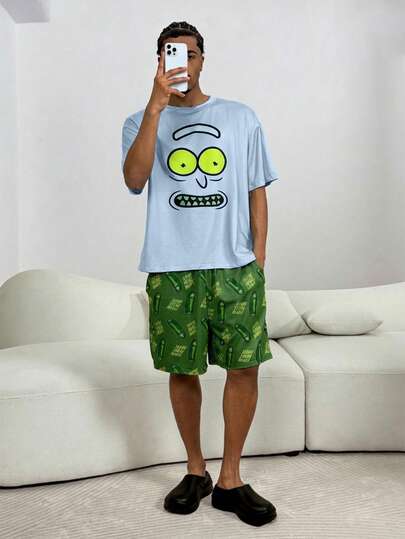 Rick and Morty X SHEIN طقم ملابس منزلية للرجال مكون من ملابس علوية بياقة طاقم وشورت بطباعة كرتونية، صيفي