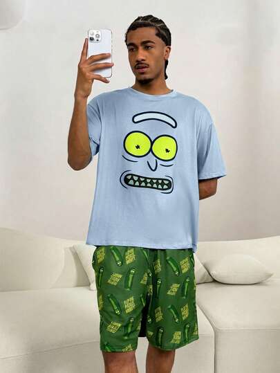 Rick and Morty X SHEIN طقم ملابس منزلية للرجال مكون من ملابس علوية بياقة طاقم وشورت بطباعة كرتونية، صيفي