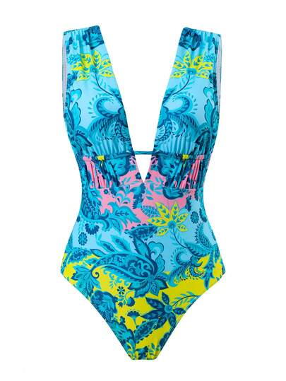 Swim Oasis فستان ماكسي بطبعة زهور أزرق بياقة عميقة على شكل حرف V، ملابس راقية