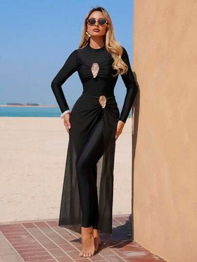 Swim Mulvari مجموعة بدلة سباحة قطعة واحدة بياقة دائرية وأكمام طويلة مناسبة للجسم وتنورة بنطلون طويل مناسبة للجسم للنساء، لارتداء على الشاطئ