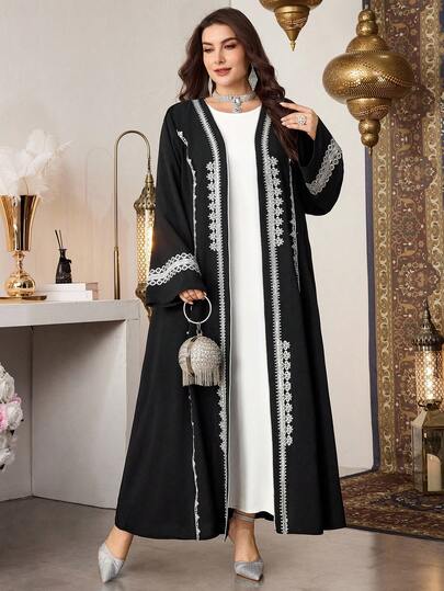 Al Najma رمضان عباءة نسائية فضفاضة ذات تفاصيل تطريز فاخرة وأمامية مفتوحة للمقاسات الكبيرة