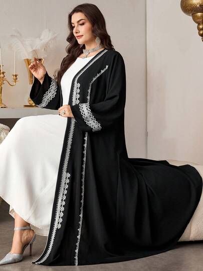 Al Najma رمضان عباءة نسائية فضفاضة ذات تفاصيل تطريز فاخرة وأمامية مفتوحة للمقاسات الكبيرة