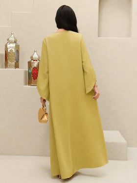 Yasmyna رمضان فستان ماكسي طويل الأكمام بياقة على شكل V مجدول وفتحات، فستان تركي تقليدي. عباءة عربية تقليدية