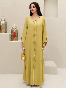 Yasmyna رمضان فستان ماكسي طويل الأكمام بياقة على شكل V مجدول وفتحات، فستان تركي تقليدي. عباءة عربية تقليدية