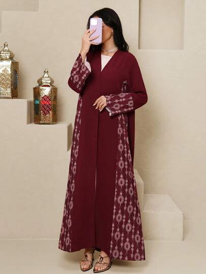 Al Najma رمضان عباية أنيقة طويلة الأكمام بياقة على شكل حرف V مع طباعة جرافيك للنساء