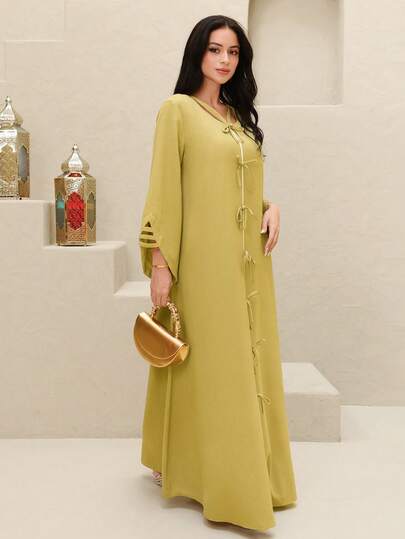 Yasmyna رمضان فستان ماكسي طويل الأكمام بياقة على شكل V مجدول وفتحات، فستان تركي تقليدي. عباءة عربية تقليدية