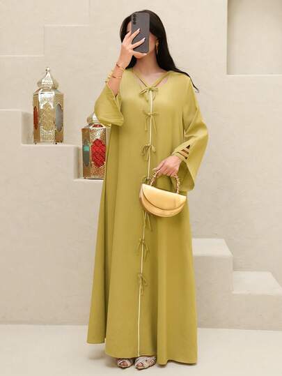 Yasmyna رمضان فستان ماكسي طويل الأكمام بياقة على شكل V مجدول وفتحات، فستان تركي تقليدي. عباءة عربية تقليدية