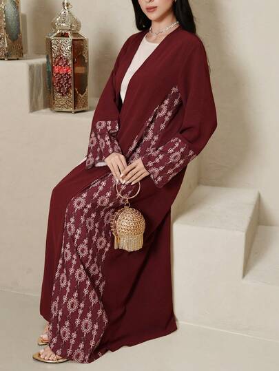 Al Najma رمضان عباية أنيقة طويلة الأكمام بياقة على شكل حرف V مع طباعة جرافيك للنساء