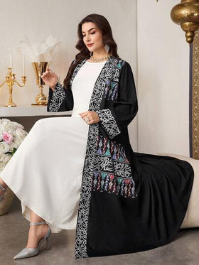 Al Najma رمضان عباءة عربية سوداء للنساء ذوات الحجم الكبير، تصميم طويل وفضفاض وأنيق وكلاسيكي، بأكمام طويلة وأمامية مفتوحة، بطبعات أنيقة وتصميم متعدد الاستخدامات