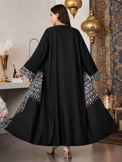 Al Najma رمضان عباءة عربية سوداء للنساء ذوات الحجم الكبير، تصميم طويل وفضفاض وأنيق وكلاسيكي، بأكمام طويلة وأمامية مفتوحة، بطبعات أنيقة وتصميم متعدد الاستخدامات