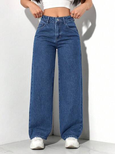SHEIN PETITE بناطيل جينز نسائية عصرية أمامية بأزرار وجيوب، ملابس كاجوال للاستخدام اليومي