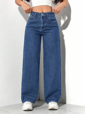 SHEIN PETITE بناطيل جينز نسائية عصرية أمامية بأزرار وجيوب، ملابس كاجوال للاستخدام اليومي