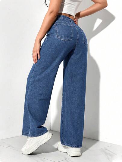 SHEIN PETITE بناطيل جينز نسائية عصرية أمامية بأزرار وجيوب، ملابس كاجوال للاستخدام اليومي