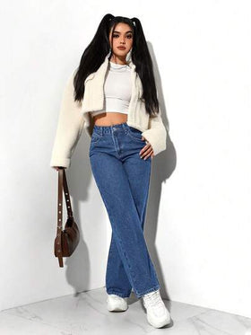 SHEIN PETITE بناطيل جينز نسائية عصرية أمامية بأزرار وجيوب، ملابس كاجوال للاستخدام اليومي