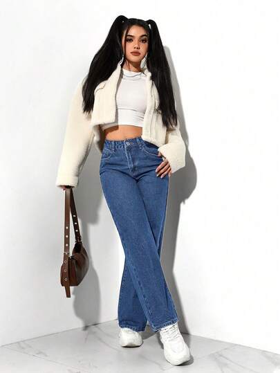 SHEIN PETITE بناطيل جينز نسائية عصرية أمامية بأزرار وجيوب، ملابس كاجوال للاستخدام اليومي