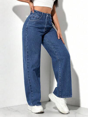 SHEIN PETITE بناطيل جينز نسائية عصرية أمامية بأزرار وجيوب، ملابس كاجوال للاستخدام اليومي