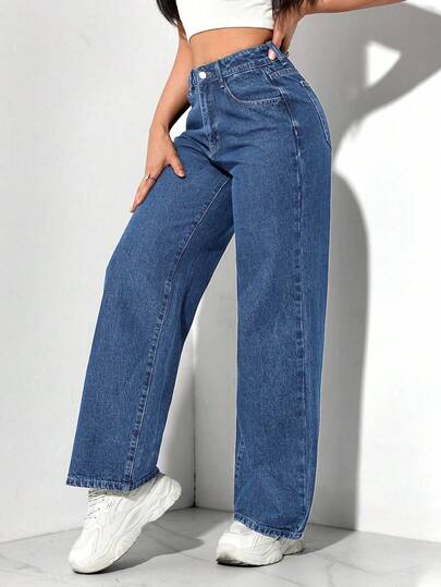 SHEIN PETITE بناطيل جينز نسائية عصرية أمامية بأزرار وجيوب، ملابس كاجوال للاستخدام اليومي