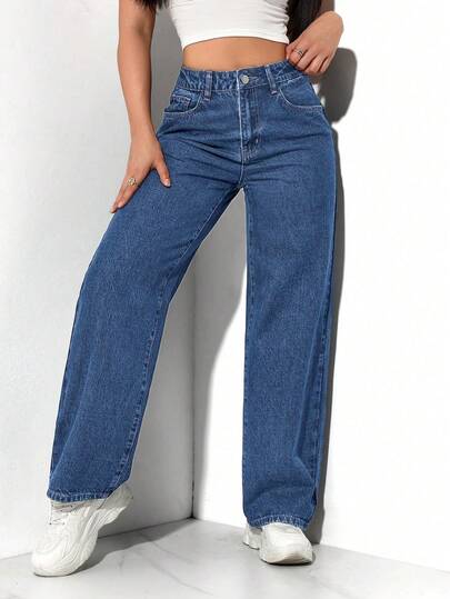 SHEIN PETITE بناطيل جينز نسائية عصرية أمامية بأزرار وجيوب، ملابس كاجوال للاستخدام اليومي