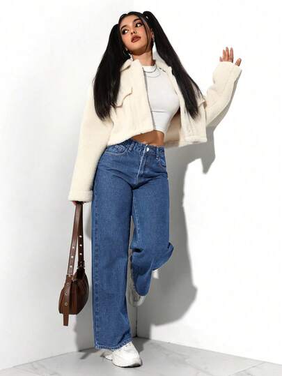 SHEIN PETITE بناطيل جينز نسائية عصرية أمامية بأزرار وجيوب، ملابس كاجوال للاستخدام اليومي