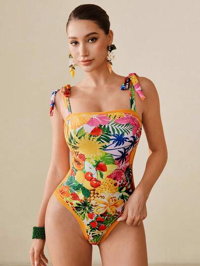 Swim Oasis بدلة سباحة قطعة واحدة مع تنورة ذات طباعة استوائية للنساء