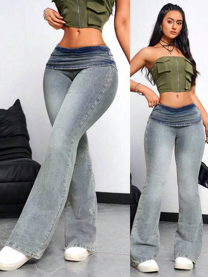 SHEIN EZwear بنطلون جينز نسائي فضفاض عصري بطبقات على الخصر