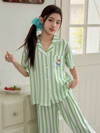 DAZY بيجامة قصيرة الأكمام مكونة من قميص وبنطلون مطبوع عليها دب مخطط، مريحة للفتيات المراهقات، صيفية